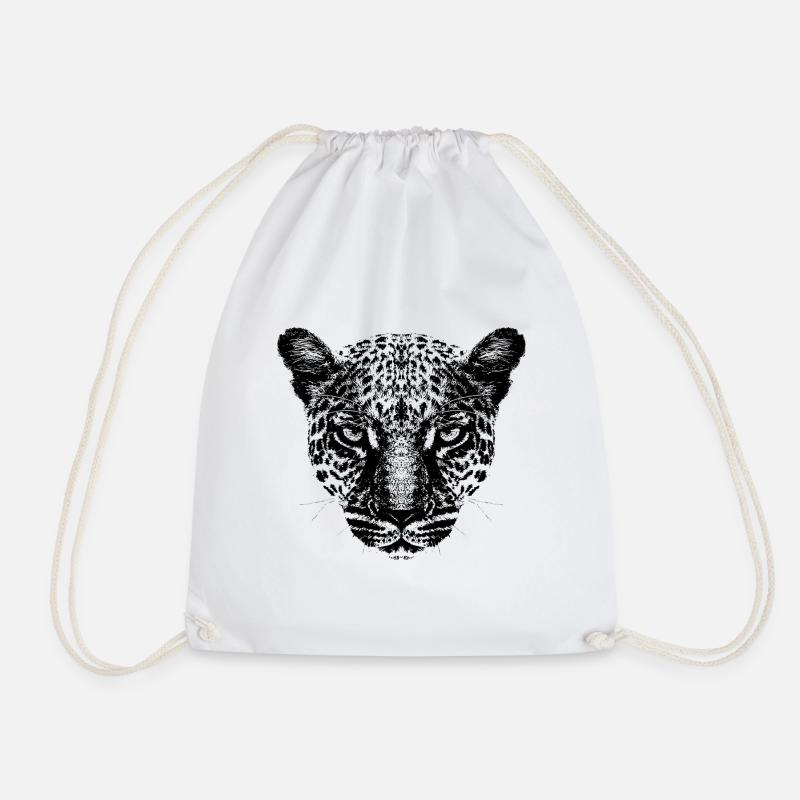 Leopard / Head / Black - Drawstring Bag - white