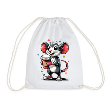 Cartoon of a cheerful mouse with coffee - Drawstring Bag - white - Front