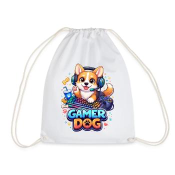 Gamer Dog – Kawaii Dog with Headset & Keyboard - Drawstring Bag - white - Front