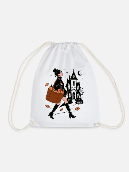Autumn Vibes Frau mit Kürbis Tasche & Spukhaus - Turnbeutel - Weiß