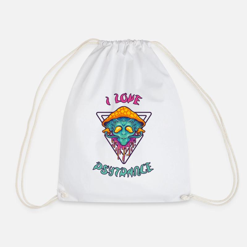 I love Psytrance Buddha Mushroom Rave Goa - Drawstring Bag - white