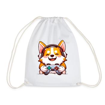 00239 Corgi mit Kopfhörer und Controller - Turnbeutel - Weiß - Vorne