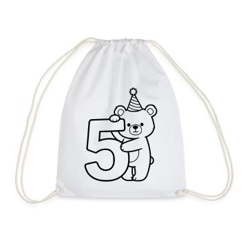 Party Bear with Number 5 Cartoon Illustration - Drawstring Bag - white - Front