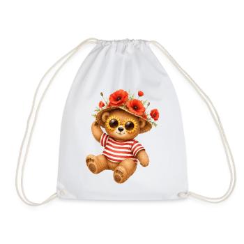 Cute Bear in Summer with Poppies Hat - Drawstring Bag - white - Front
