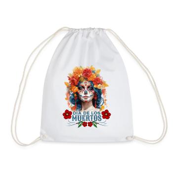Dia De los Muertos Woman Multicolored Floral Skull - Drawstring Bag - white - Front