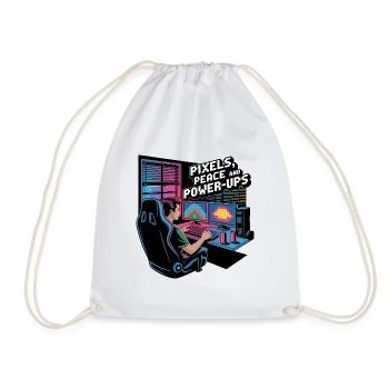 Pixels, Peace & Power-Ups – Gaming Setup - Drawstring Bag - white - Front