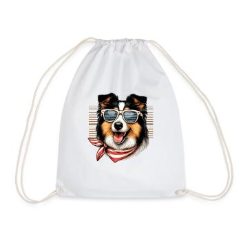 Cheerful Border Collie Boyfriend with Sunglasses - Drawstring Bag - white - Front