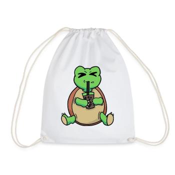Bubble Tea Drinking Sea Turtle Anime Kawaii - Drawstring Bag - white - Front