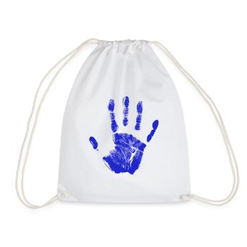 Handprint painted identity fingers and palm blue - Drawstring Bag - white - Front