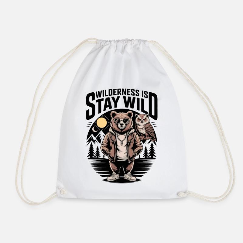 Wilderness Is Stay Wild Bear Owl - Drawstring Bag - white