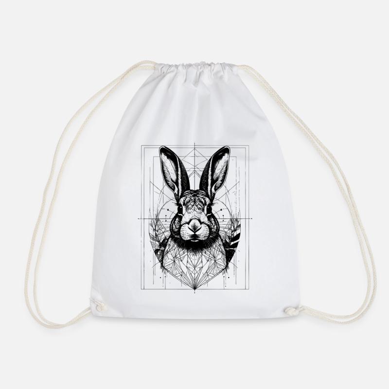 Rabbit in Geometric Frame - Drawstring Bag - white