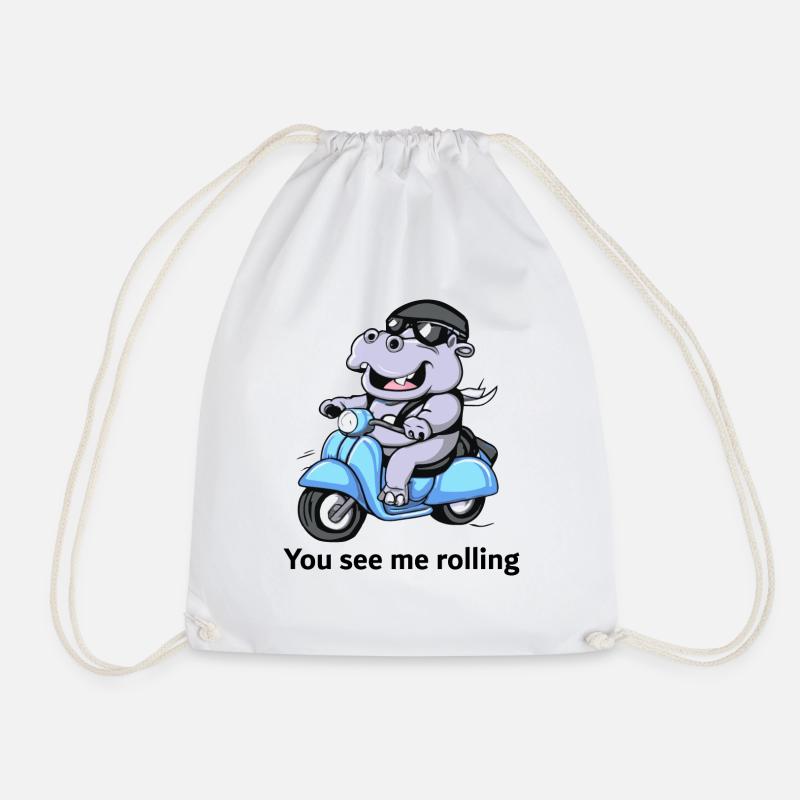Hippo on scooter - You see me rolling - Drawstring Bag - white