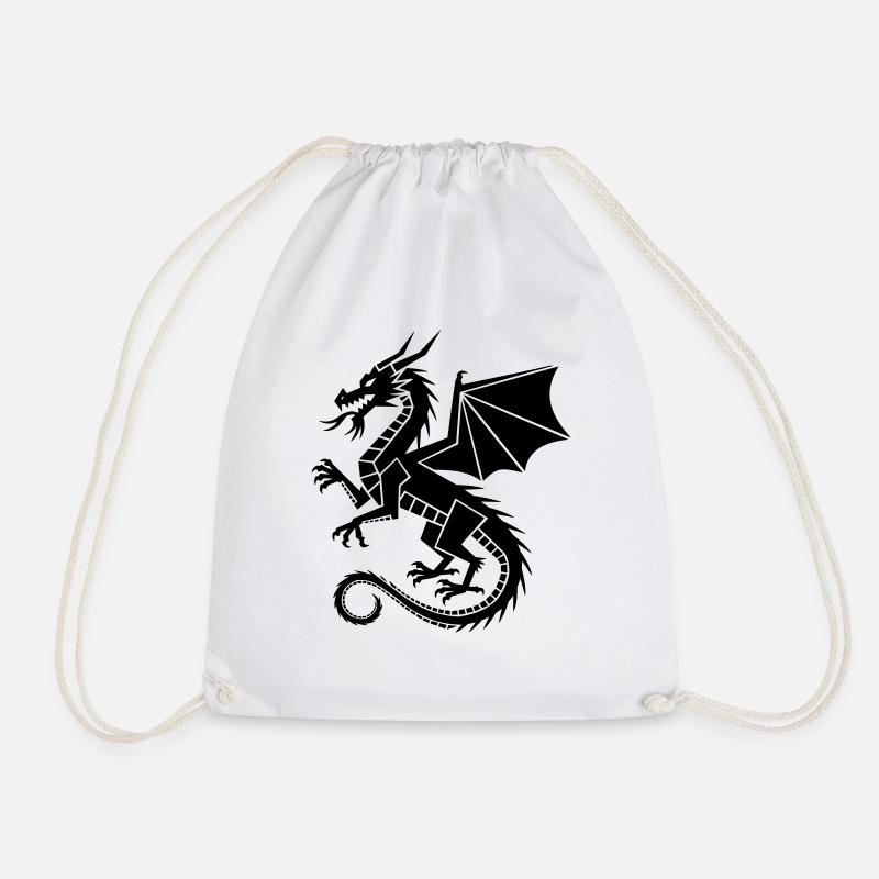 Geometric dragon – black silhouette - Drawstring Bag - white