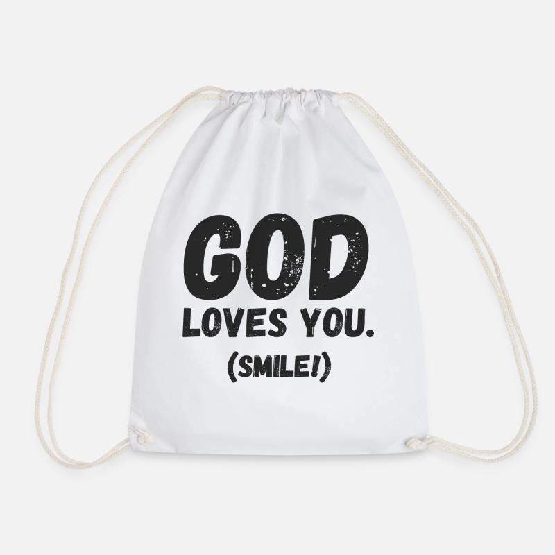 God Loves You. Smile! - Drawstring Bag - white