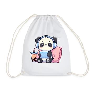 Cute Panda Playing Video games and Boba Tea - Drawstring Bag - white - Front