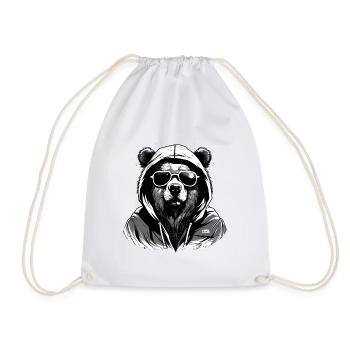 Bear with hoodie and sunglasses black and white - Drawstring Bag - white - Front