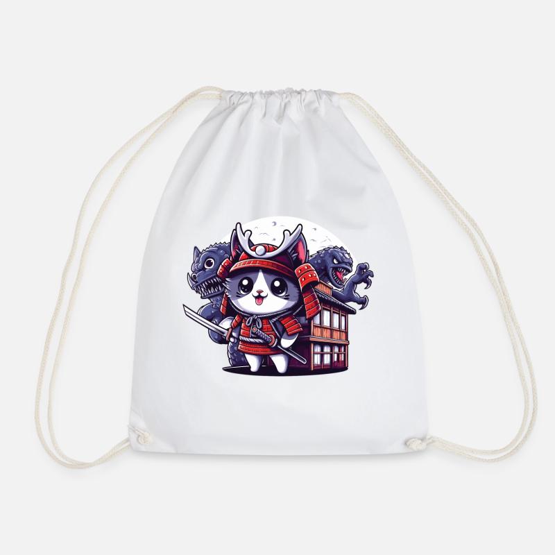 Samurai ninja cat behind Monster and Dojo - Drawstring Bag - white