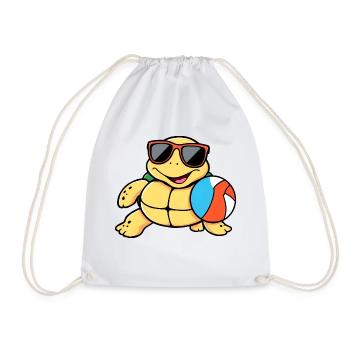 Joyful Yellow Turtle in Sunglasses with Beach Ball - Drawstring Bag - white - Front