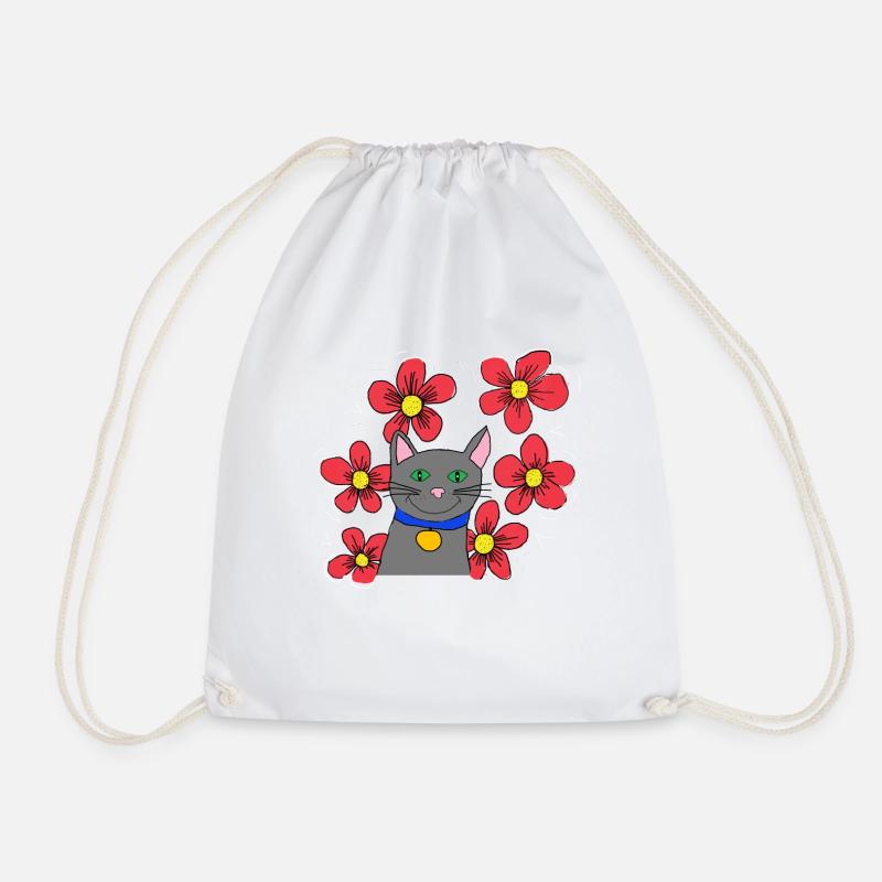 Grey cat with flowers - Drawstring Bag - white