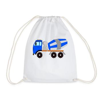 Blue-gray concrete mixer, construction site vehicle - Drawstring Bag - white - Front
