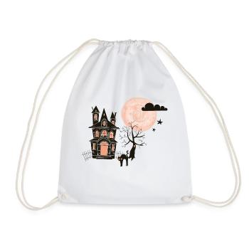 Halloween illustration cat house moon gift - Drawstring Bag - white - Front