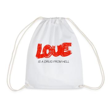Lettering "LOVE IS A DRUG FROM HELL"Statement Red - Drawstring Bag - white - Front