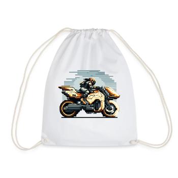 A biker rides the 8 bit motorcycle of the future - Drawstring Bag - white - Front