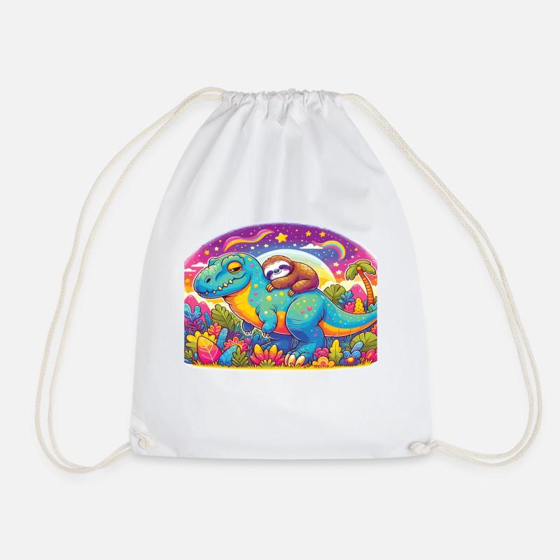 Sleeping sloth on a dinosaur - Drawstring Bag - white