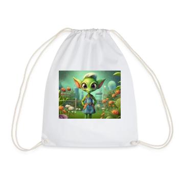 cute little green retro alien working garden - Drawstring Bag - white - Front