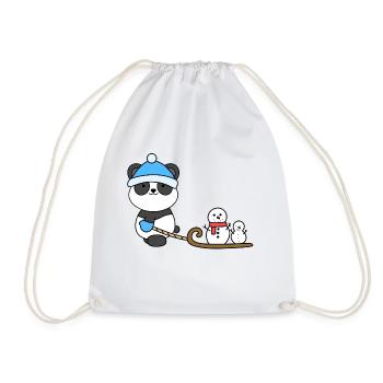 Winter Panda Cute Snowman Sled - Drawstring Bag - white - Front