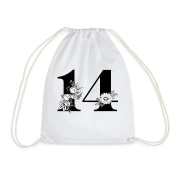 Number 14 Black Floral -14th Floral Birthday - Drawstring Bag - white - Front