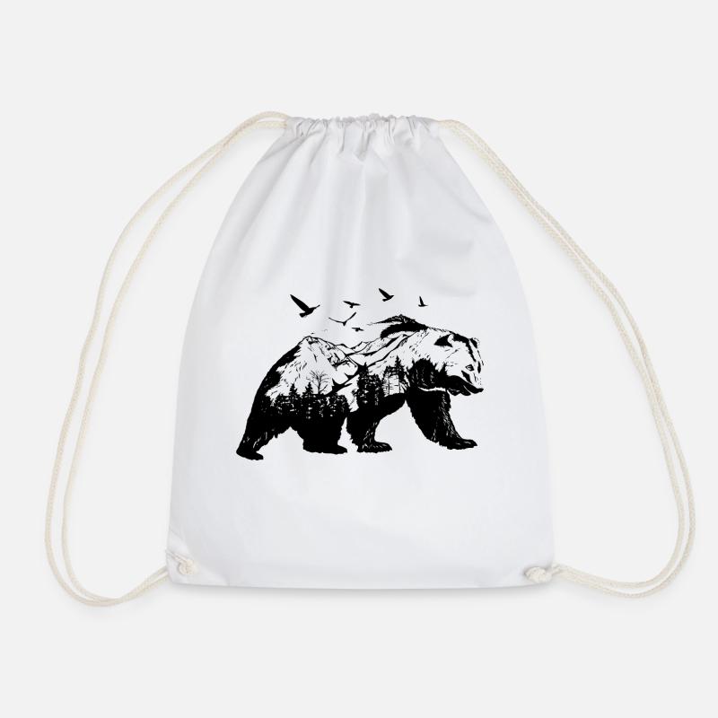 Forest in the bear with birds and mountains - Drawstring Bag - white