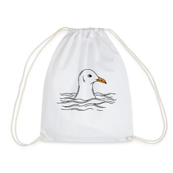 Comic North Sea Beach Seagull Head Water Waves Line - Drawstring Bag - white - Front