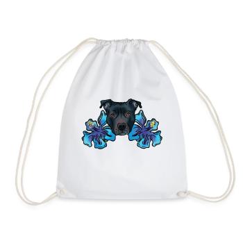Staffordshire Terrier with Hibiscus Flowers - Drawstring Bag - white - Front