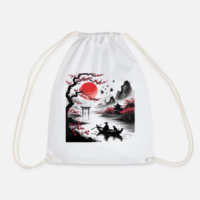 Japanischer Baum, Roter Mond, Mit, Vögel, Fliegend - Turnbeutel - Weiß