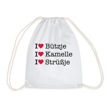 I LOVE Bützje Kamelle Strüßje - Kölner Karneval - Turnbeutel - Weiß - Vorne