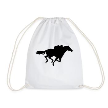 Racehorse galloping horse with rider black and - Drawstring Bag - white - Front