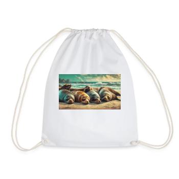 Cute animals chilling – sea lion sleeping beach - Drawstring Bag - white - Front