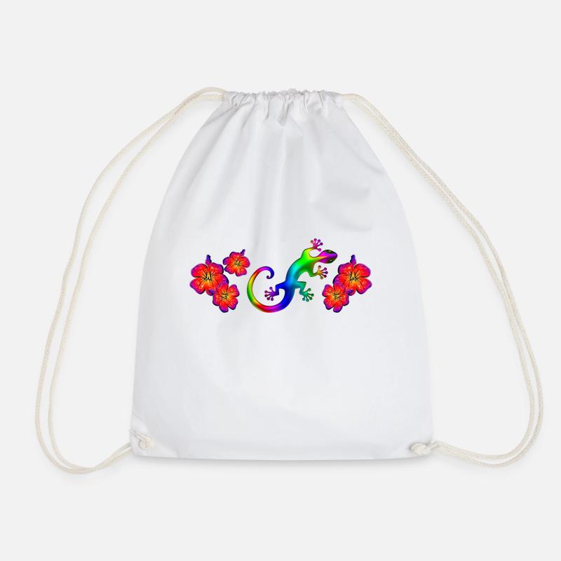 Gecko, hibiscus, rainbow, summer, surfing, lizard - Drawstring Bag - white