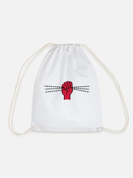 Protest symbol with barbed wire. Clenched fist. - Drawstring Bag - white