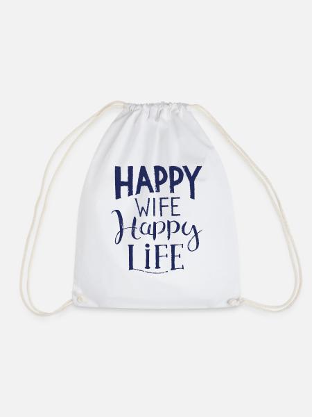 Happy Wife happy life saying wife - Drawstring Bag - white