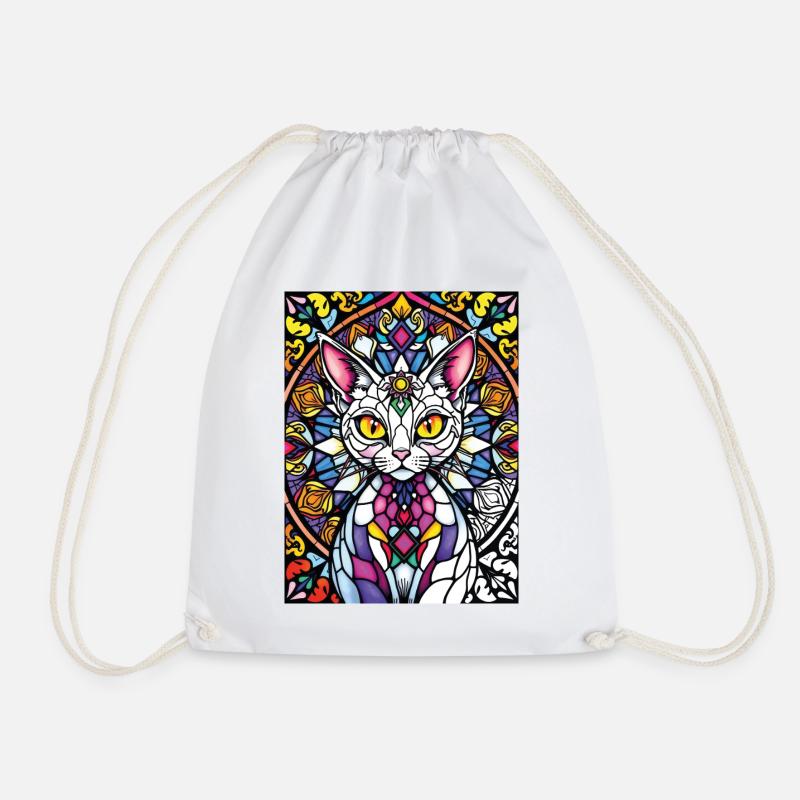 Cat in Stained Glass Mosaic - Drawstring Bag - white