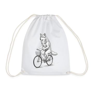 Wolf Cyclist on Bike - Drawstring Bag - white - Front