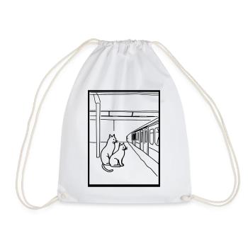 Cats Train Station Waiting Line Art - Drawstring Bag - white - Front