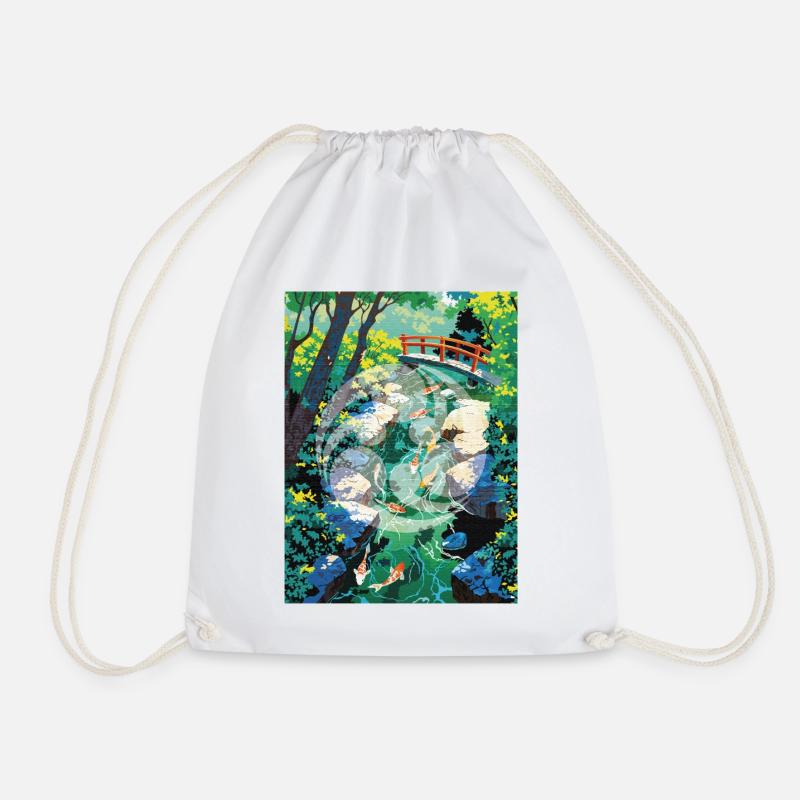 Japanische Koi-Flusslandschaft mit Kamon-Design - Turnbeutel - Weiß