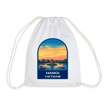 Hanoi Vietnam Turtle Tower Retro Sunset Badge - Drawstring Bag - white - Front