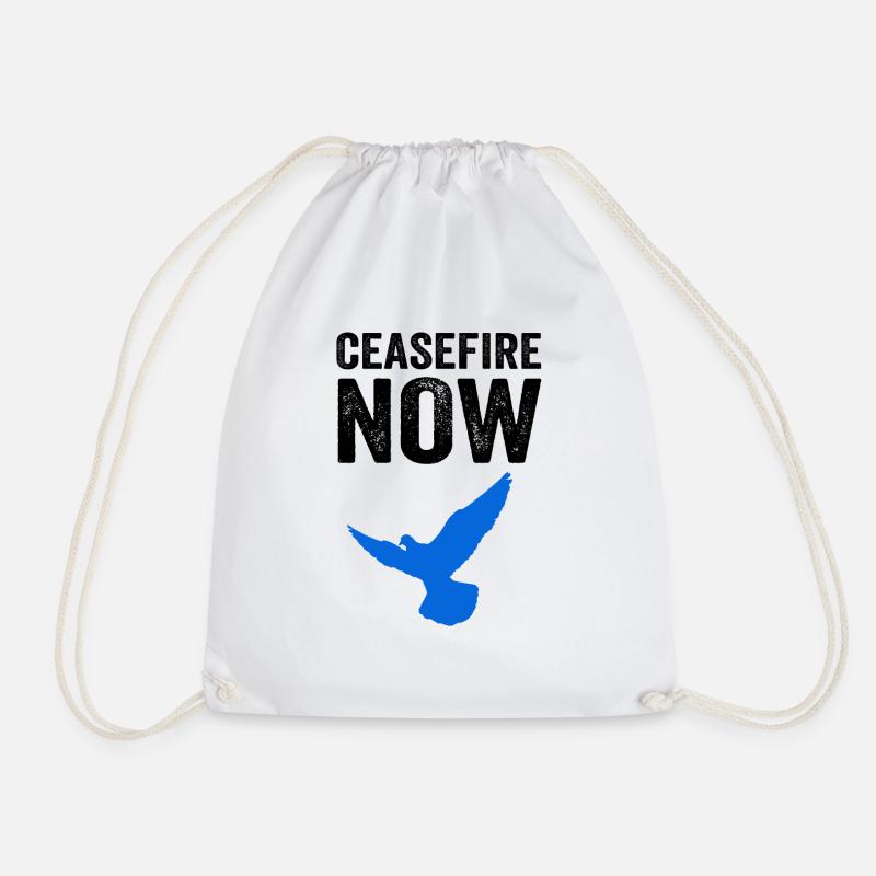 CEASEFIRE NOW with Dove of Peace - Drawstring Bag - white