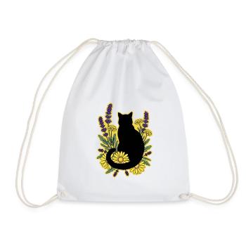 gatto_nero_tra_margherite_e_lavanda - Drawstring Bag - white - Front