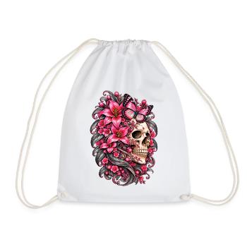 Totenkopffrau, Schädel, Schmetterlingsblüten, rosa Lilien - Turnbeutel - Weiß - Vorne