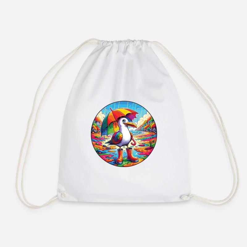 Regenbogen Möwe mit Sonnenschirm und Gummistiefel - Turnbeutel - Weiß